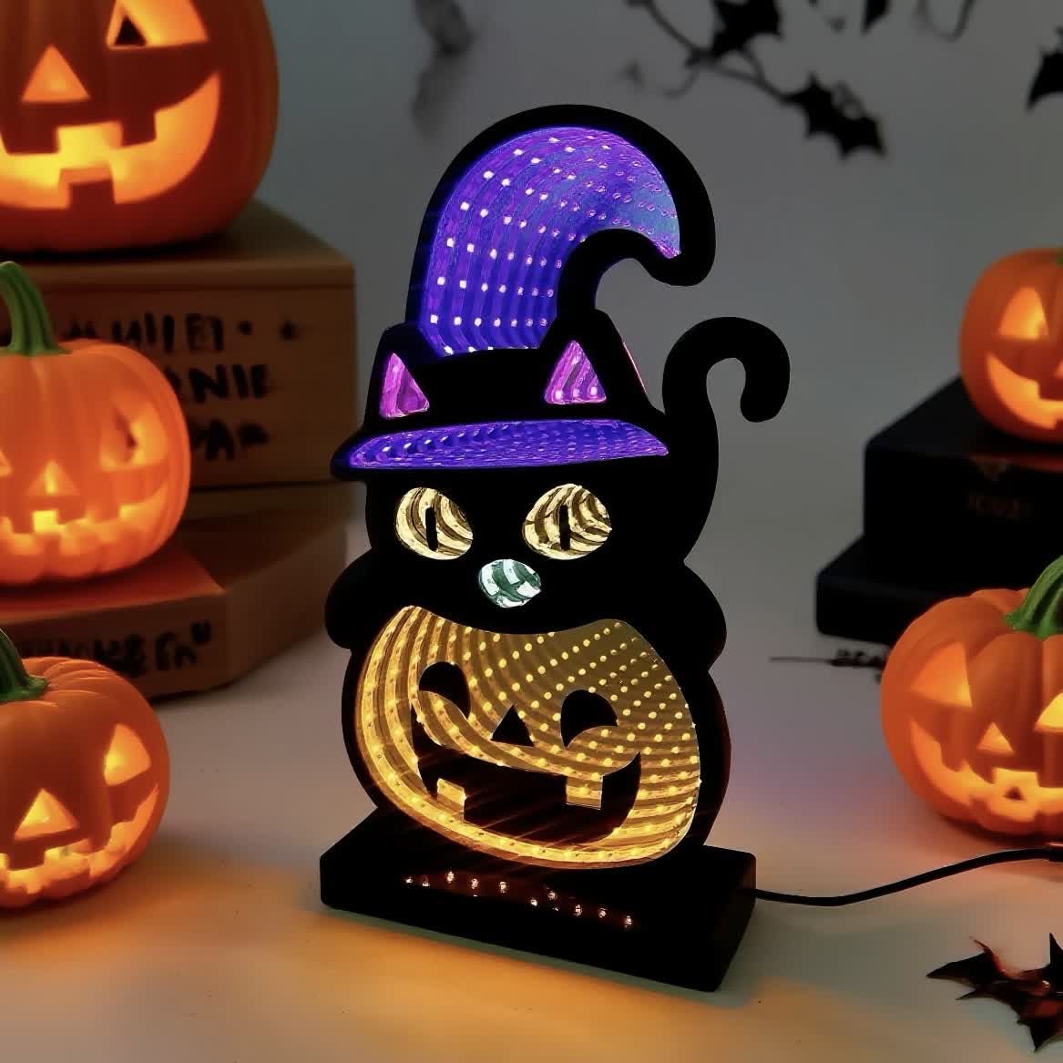 3D Black Cat Pumpkin Lights With Spooky Glow