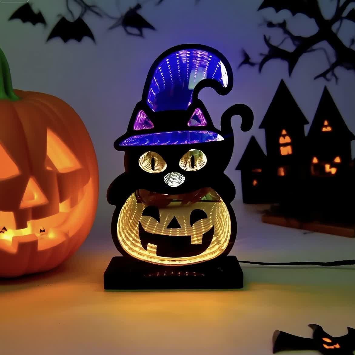 3D Black Cat Pumpkin Lights With Spooky Glow