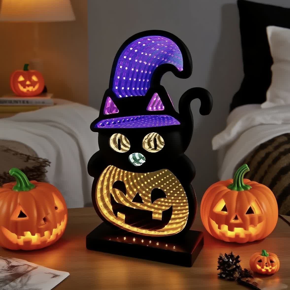 3D Black Cat Pumpkin Lights With Spooky Glow
