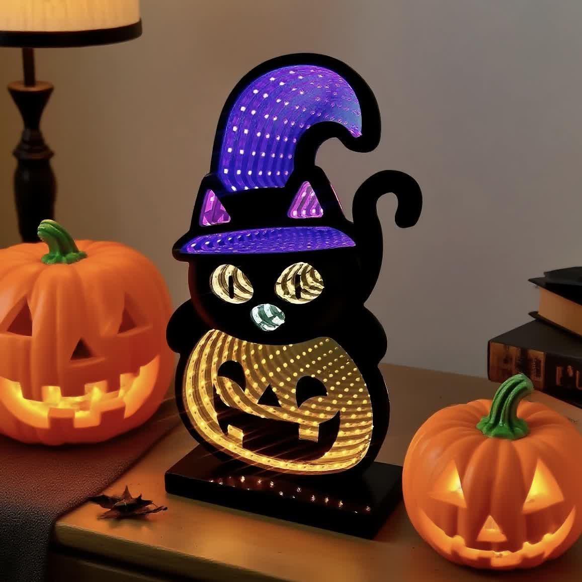 3D Black Cat Pumpkin Lights With Spooky Glow