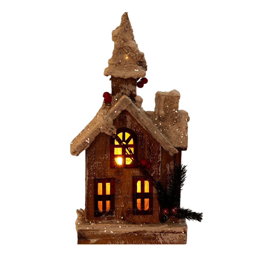 Villaggio natalizio in legno da tavolo con luci accoglienti