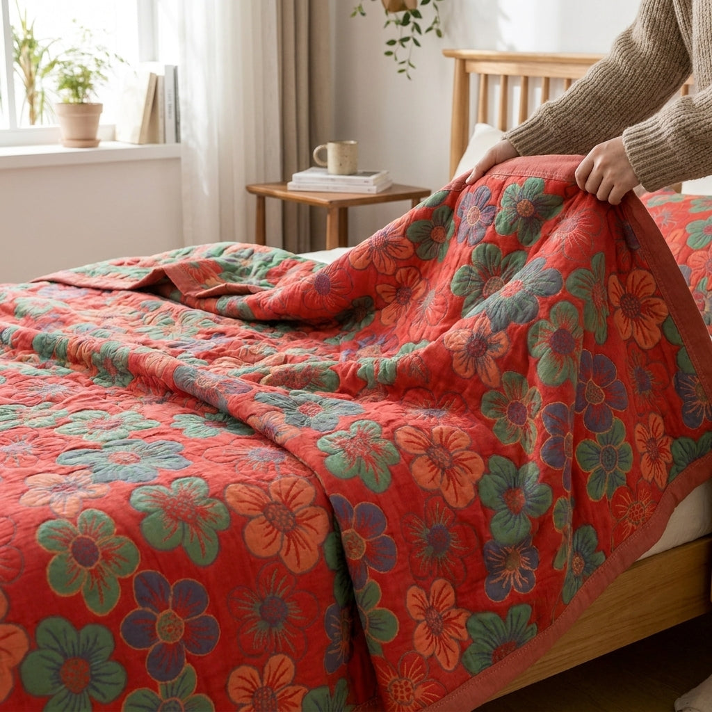 LISTINGOPT::kovosis::wasart-pure-cotton-twel-muslin-quilt-sofa-blanket-bohemian-floral-print-luxury-double-bed-summer-bedspread-thin-duvet-king-size::02-inuse