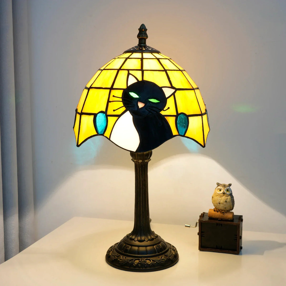 Midnight Cat Stained Glass Lamp