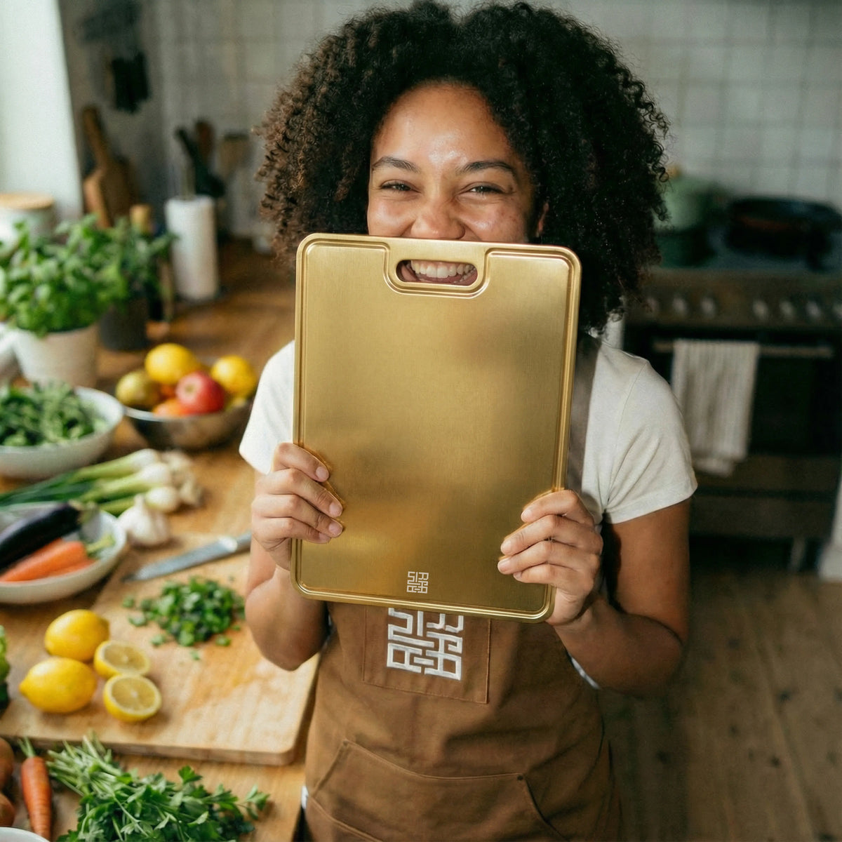 Tabla de cortar de titanio dorado para una preparación elegante
